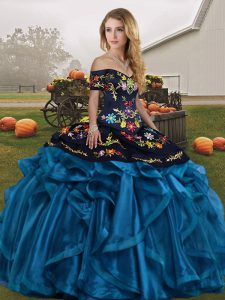 Elegant Floor Length Blue And Black Quinceanera Gowns Off The Shoulder Sleeveless Lace Up