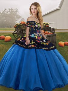 Embroidery Quinceanera Gown Blue And Black Lace Up Sleeveless Floor Length