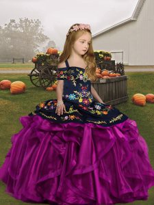 Embroidery and Ruffles Child Pageant Dress Fuchsia Lace Up Sleeveless Floor Length