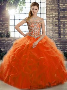 Fabulous Lace Up Quinceanera Dresses Orange Red for Military Ball and Sweet 16 and Quinceanera with Beading and Ruffles Brush Train