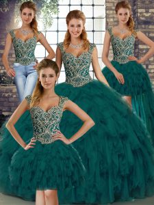 Fine Ball Gowns 15th Birthday Dress Peacock Green Straps Organza Sleeveless Floor Length Lace Up
