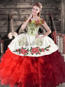 Designer White And Red Organza Lace Up Off The Shoulder Sleeveless Floor Length Quince Ball Gowns Embroidery and Ruffles