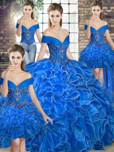 Floor Length Royal Blue Quince Ball Gowns Off The Shoulder Sleeveless Lace Up