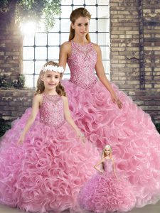 On Sale Rose Pink 15th Birthday Dress Military Ball and Sweet 16 and Quinceanera with Beading Scoop Sleeveless Lace Up