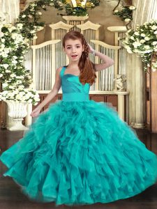 Custom Design Aqua Blue Ball Gowns Straps Sleeveless Tulle Floor Length Lace Up Ruffles Pageant Dresses
