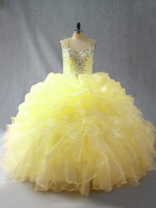 Unique Sleeveless Floor Length Beading and Ruffles Zipper Quinceanera Dresses with Yellow