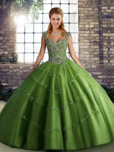 Tulle Straps Sleeveless Lace Up Beading and Appliques Quinceanera Dresses in Green