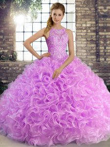 Ideal Lilac Sleeveless Floor Length Beading Lace Up Ball Gown Prom Dress