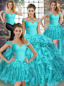 Fancy Aqua Blue Sleeveless Brush Train Beading and Ruffles Sweet 16 Dress