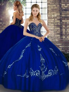 Romantic Royal Blue Lace Up Sweetheart Beading and Embroidery Sweet 16 Dress Tulle Sleeveless