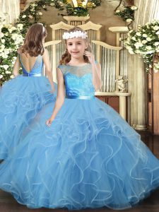 Baby Blue Sleeveless Tulle Backless Little Girls Pageant Gowns for Party and Wedding Party
