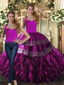Wonderful Fuchsia Organza Lace Up Sweet 16 Quinceanera Dress Sleeveless Floor Length Embroidery and Ruffles