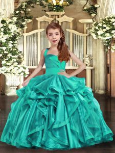 Cheap Aqua Blue Organza Lace Up Kids Pageant Dress Sleeveless Floor Length Ruffles