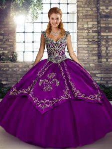 Hot Selling Purple Ball Gowns Straps Sleeveless Tulle Floor Length Lace Up Beading and Embroidery Quinceanera Gown