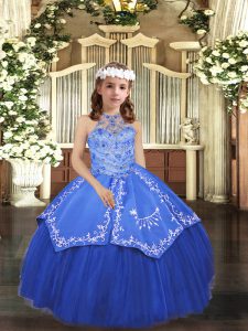 Simple Royal Blue Tulle Lace Up Pageant Dress for Teens Sleeveless Floor Length Beading and Appliques
