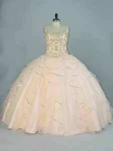 Free and Easy Champagne Straps Neckline Beading and Ruffles Quince Ball Gowns Sleeveless Lace Up