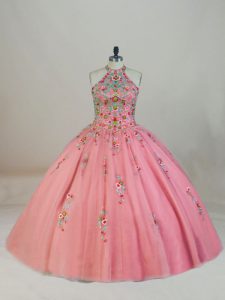 Gorgeous Pink 15 Quinceanera Dress Tulle Brush Train Sleeveless Appliques and Embroidery