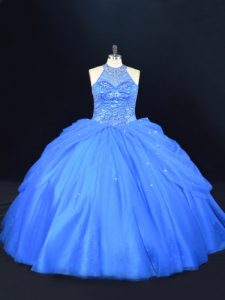Extravagant Sleeveless Tulle Floor Length Lace Up Quinceanera Dress in Blue with Beading