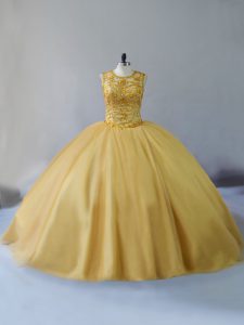 Delicate Gold Ball Gowns Tulle Scoop Sleeveless Beading Lace Up Quinceanera Gowns Brush Train