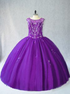 Purple Ball Gowns Tulle Scoop Sleeveless Beading and Appliques Floor Length Lace Up 15th Birthday Dress