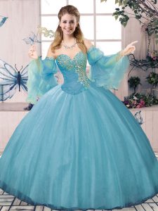 Blue Tulle Lace Up Sweetheart Long Sleeves Ball Gown Prom Dress Beading and Ruching