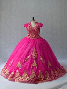 Extravagant Sleeveless Court Train Appliques Lace Up Ball Gown Prom Dress