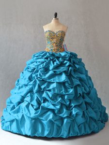 Taffeta Sweetheart Sleeveless Brush Train Lace Up Beading and Pick Ups Quince Ball Gowns in Aqua Blue