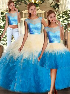 New Arrival Sleeveless Organza Floor Length Backless Quinceanera Dresses in Multi-color with Lace and Ruffles