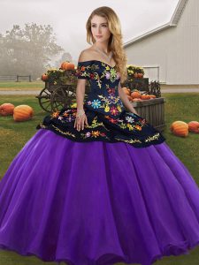 Clearance Off The Shoulder Sleeveless 15th Birthday Dress Floor Length Embroidery Purple Tulle