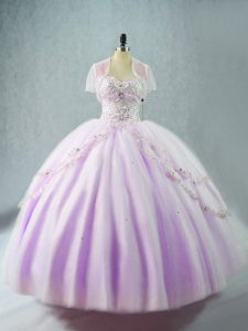 Glamorous Sleeveless Tulle Floor Length Lace Up 15th Birthday Dress in Lavender with Beading