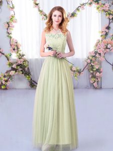 Top Selling Floor Length Yellow Green Damas Dress Tulle Sleeveless Lace and Belt