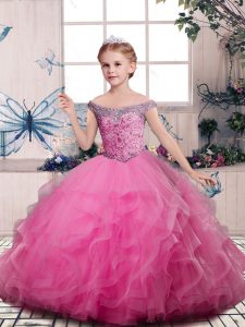 Pink V-neck Lace Up Beading and Ruffles Kids Formal Wear Sleeveless