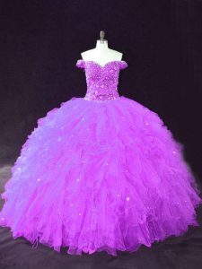 Custom Fit Purple Sleeveless Beading and Ruffles Floor Length Sweet 16 Dress