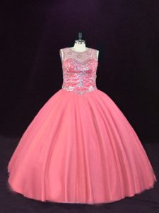 Lovely Pink Ball Gowns Scoop Sleeveless Tulle Floor Length Lace Up Beading 15 Quinceanera Dress