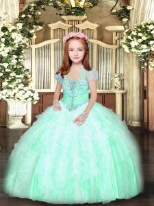 Hot Sale Apple Green Lace Up Straps Beading and Ruffles Little Girl Pageant Dress Tulle Sleeveless