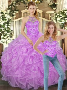 Delicate Sleeveless Tulle Floor Length Lace Up Quinceanera Dresses in Lilac with Beading and Ruffles