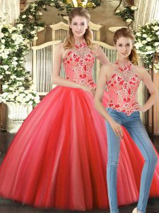 Artistic Sleeveless Floor Length Embroidery Lace Up Sweet 16 Quinceanera Dress with Coral Red