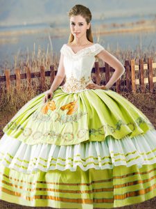 Yellow Green Lace Up Ball Gown Prom Dress Embroidery and Ruffled Layers Sleeveless Floor Length