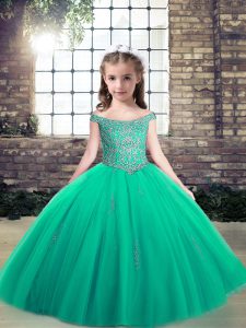 Stunning Turquoise Sleeveless Floor Length Appliques Lace Up Glitz Pageant Dress