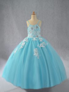 Flirting Aqua Blue Tulle Lace Up Little Girl Pageant Dress Sleeveless Floor Length Beading and Appliques