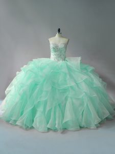 Eye-catching Apple Green Organza Lace Up Sweetheart Sleeveless Quinceanera Dresses Court Train Beading and Ruffles