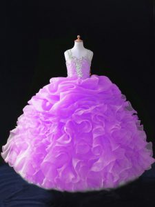 Lilac Ball Gowns Organza Straps Sleeveless Beading and Ruffles and Pick Ups Floor Length Zipper Child Pageant Dress