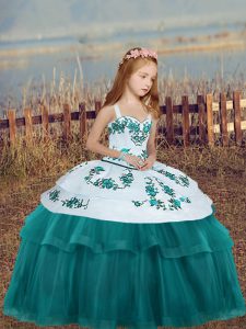 Floor Length Teal Child Pageant Dress Tulle Sleeveless Embroidery
