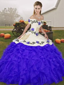 Best Sleeveless Floor Length Embroidery and Ruffles Lace Up Sweet 16 Dress with Blue