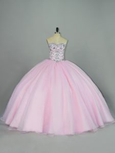 Baby Pink Ball Gowns Tulle Sweetheart Sleeveless Beading Lace Up Quince Ball Gowns
