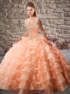 Delicate Sleeveless Court Train Beading and Ruffled Layers Lace Up 15th Birthday Dress