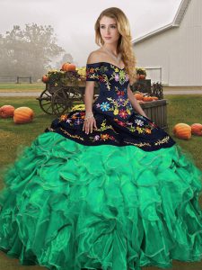 Affordable Green Ball Gowns Embroidery and Ruffles Vestidos de Quinceanera Lace Up Organza Sleeveless Floor Length