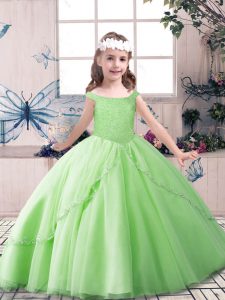 Tulle Lace Up Off The Shoulder Sleeveless Floor Length Pageant Dress for Teens Beading