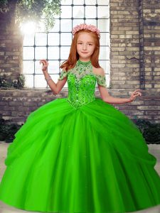Edgy Green Ball Gowns Beading Pageant Dress Wholesale Lace Up Tulle Sleeveless Floor Length