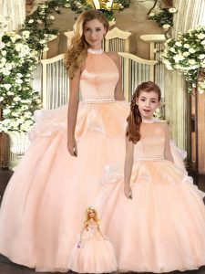 Floor Length Backless Quinceanera Gowns Peach for Sweet 16 and Quinceanera with Beading